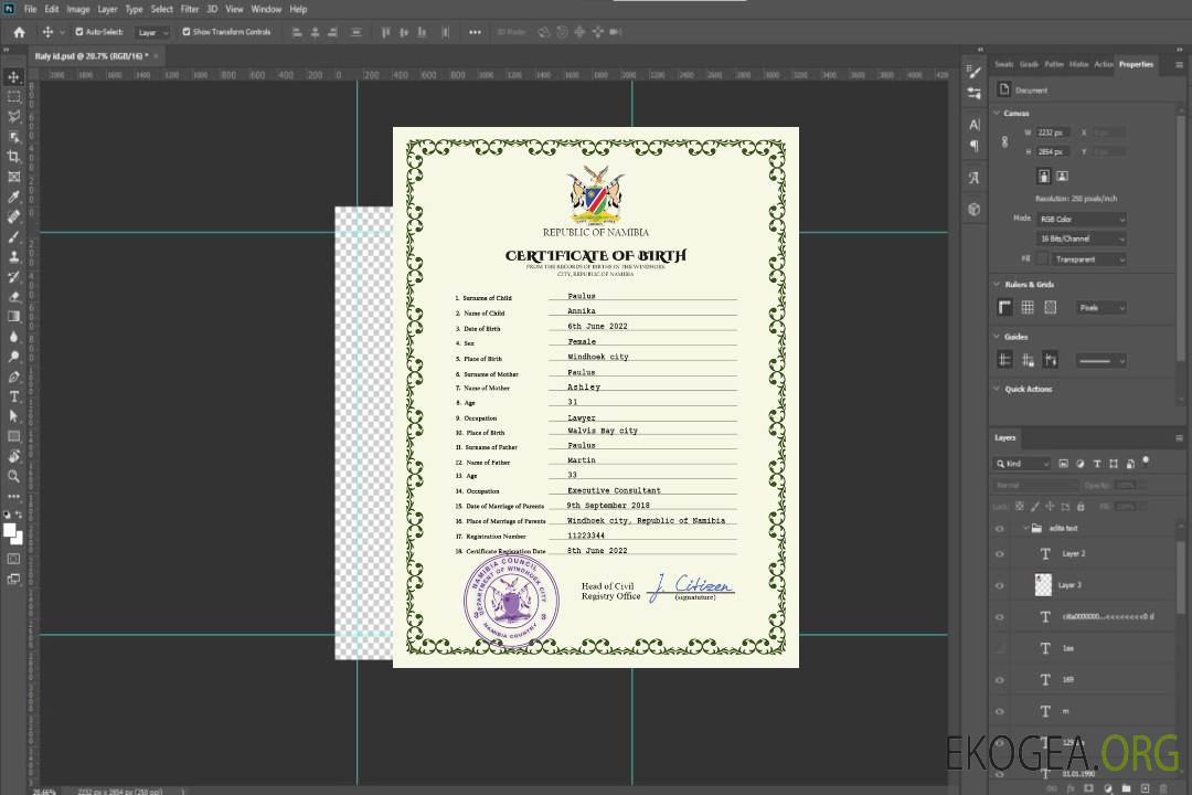 Modèle PSD de certificat de naissance d'état civil de Namibie template Modèle PSD de certificat de naissance d'état civil de Namibie template
